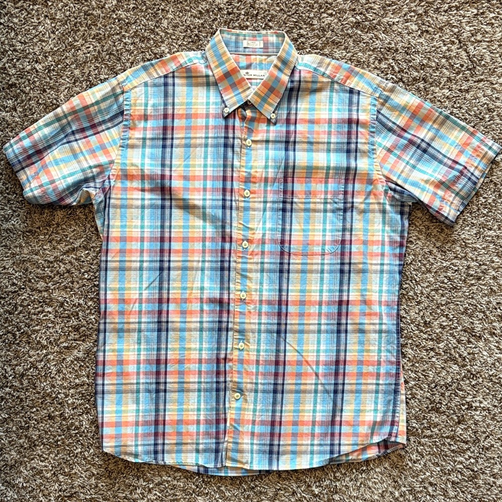 Peter Millar Blue and Orange Plaid Shirt